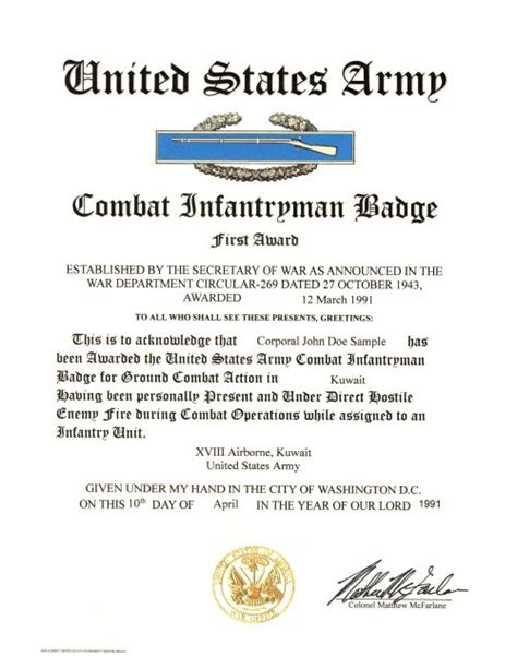 United States Army Combat Infantryman Badge Certificate 1st Award