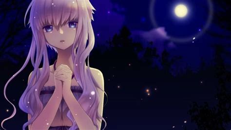 Clouds Trees Vocaloid Night Blue Eyes Moon Long Hair Sparkles Purple Hair Open Mouth Purple