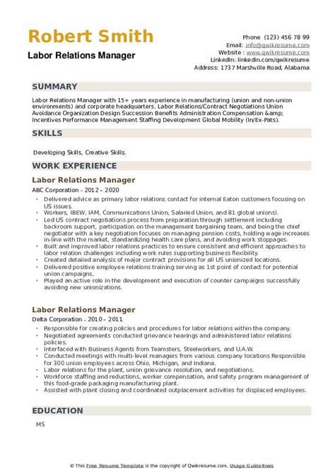 labor relations manager resume samples qwikresume