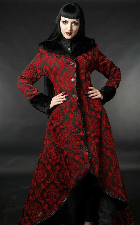 Womens Red Black Brocade Gothic Victorian Fall Winter Long Steampunk