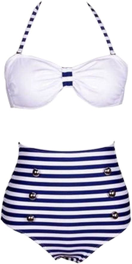 cutest retro swimsuit swimwear vintage push up high waist bikini set stripe
