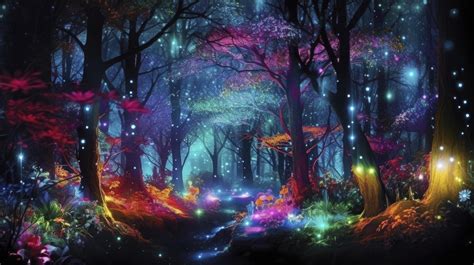 A Beautiful Fairytale Enchanted Forest At Night Made Of Glittering