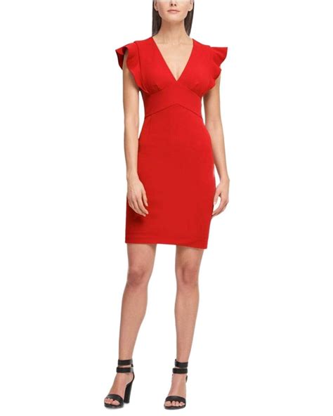 Dkny V Neck Sheath Dress With Ruffle Sleeve In Scarlet Red Save 33 Lyst