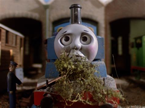 A Thomas The Tank Engine With Moss Growing Out Of Its Mouth