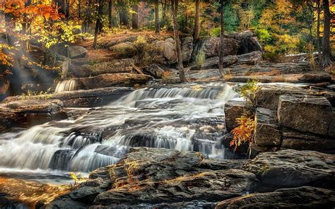 Autumn Waterfalls Forest Rocks Autumn Leaves Sunlight Nature