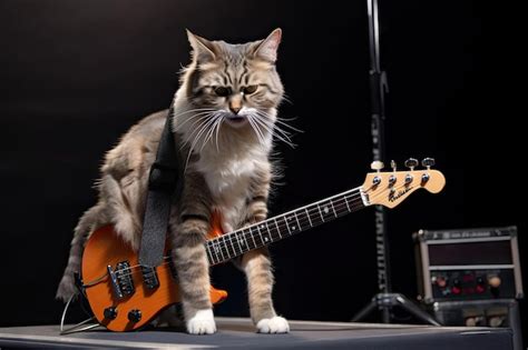 Premium Ai Image Rockstar Cat Posing With Guitar On Stage Created