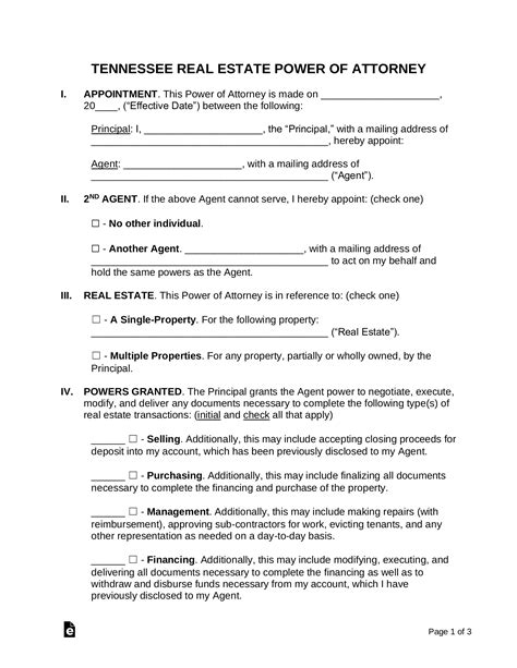 Free Tennessee Real Estate Power Of Attorney Form Pdf Word Eforms