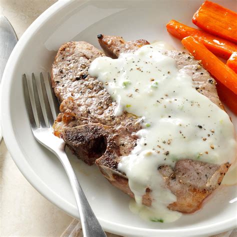 I added garlic to the cream cheese and bleu cheese along with some cayenne pepper for some kick. Pork Chops with Blue Cheese Sauce Recipe | Taste of Home