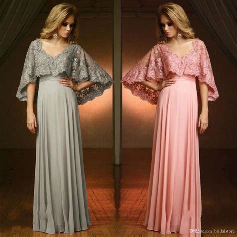 Elegant Gray Pink Mom Sexy Prom Dresses With Lace Cape V Neck Gorgeous Floor Length Chiffon