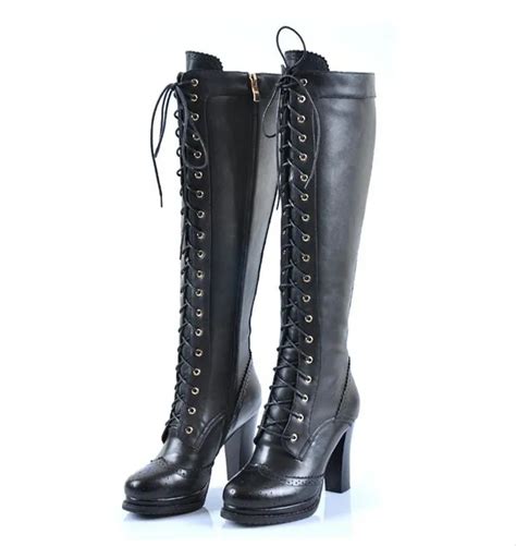 Sheepskin Ladies Retro Real Leather Lace Up Block Heel Punk Emo Gothic Knee High Boots Xz066 In