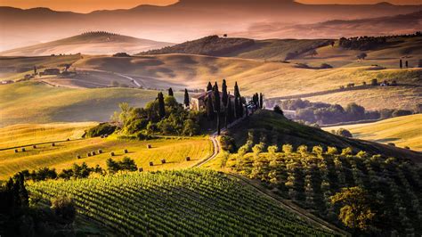 Wallpaper Tuscany Italy Fields Hills Trees Sunrise Morning