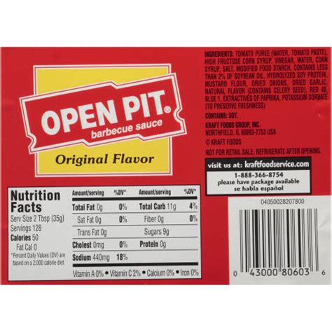 Sauce, original, open pit, barbecue nutrition facts and analysis per serving. OPEN PIT Original BBQ Sauce, 1 gal. Jugs (Pack of 4 ...