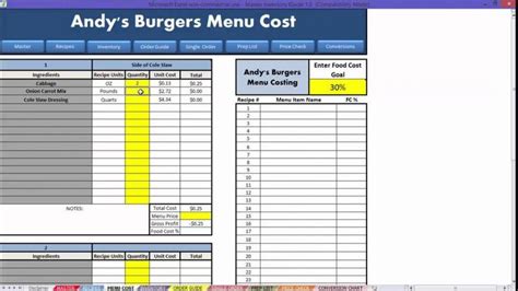 Example Of Editable Menu Recipe Cost Spreadsheet Template Restaurant Food Tor Recipe Food Cost