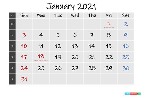 Printable January 2021 Calendar Word Template K21m253