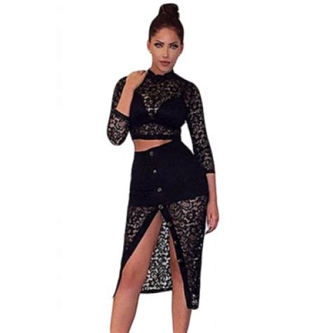 Black Sheer Lace Crop Top Midi Split Skirt Set Black Sheer Lace Crop