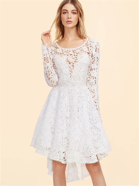 white embroidered lace overlay open back skater dress shein sheinside