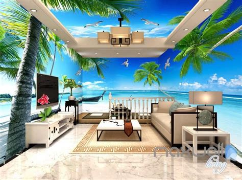 3d Palm Tree Beach Ocean Theme Entire Living Room Office Wallpaper Wall
