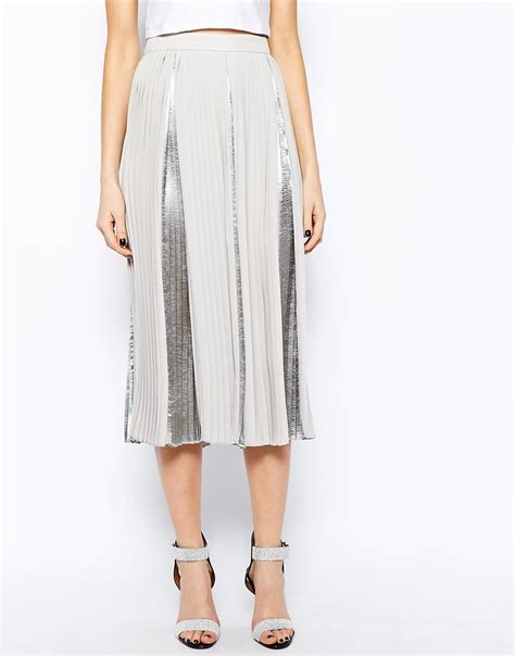 Lyst Asos Premium Pleated Midi Skirt With Metallic Inserts In Gray