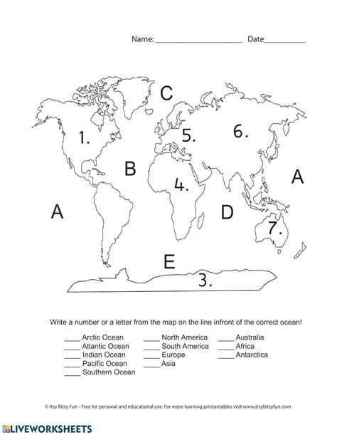 Continent Map For Kindergarten Worksheet