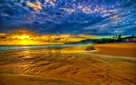 Golden sunset Seashore sandy beach sky clouds Wallpaper HD ...