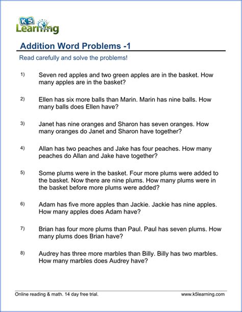 1st Grade Word Problems