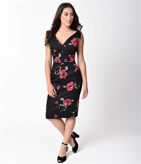 The Pretty Dress Company 1950s Black And Pink Cadiz Rose Ava Wiggle Dress