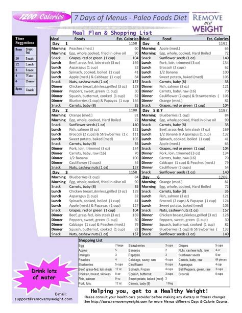 1200 Calorie A Day Paleo Diet 7 Day Menu And Shopping List Menu