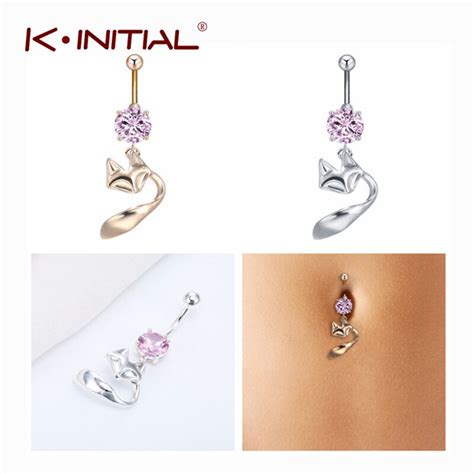Kinitial Stainless Steel Pink Zircon Navel Ring Trendy Fox Pattern Special Designed Girl