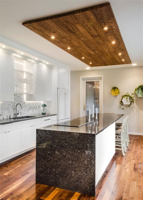 Contemporary White Kitchen With Wood Panel Ceiling Accent Kitchen