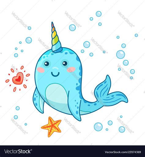 Cute Cartoon Kawaii Narwhals With Rainbow Horn Vector Image