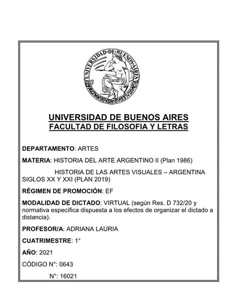 HISTORIA DEL ARTE ARGENTINO II Plan 1986 HISTORIA DE LAS ARTES