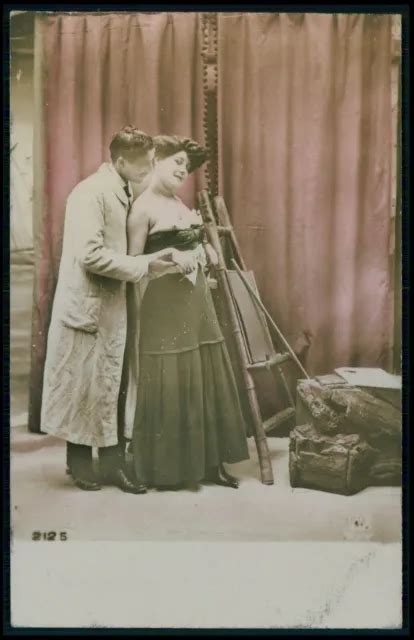 French Nude Couple Love Risque Busty Woman And Artist Painter 1910s Photo