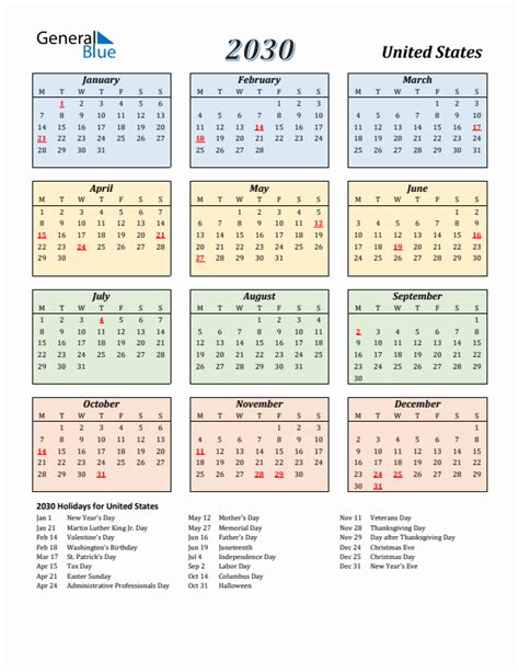 2030 United States Calendar With Holidays