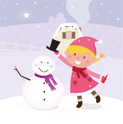 Cute Christmas Winter Girl In Making Snowman Stock Vector