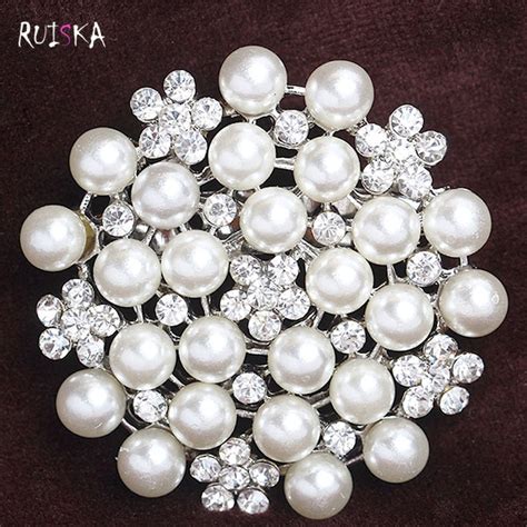 Buy Elegant Rhinestone Imitation Pearl Wedding Brooches Pins Silver Plated Full