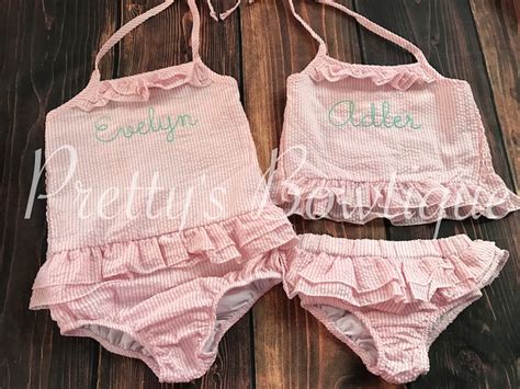Girls Monogrammed Swimsuit Seersucker Bikini Ruffled Baby Etsy