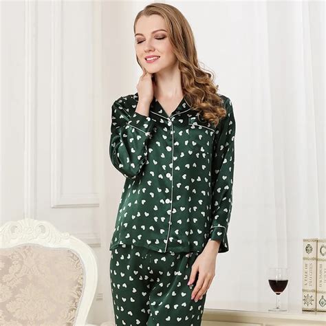 buy army green love 100 silk pajamas sets women elegant long sleeve sexy