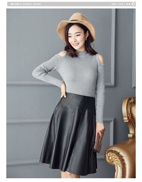 Women Pure Sheep Leather Pleated Patchwork Skirt Kneelength Aline