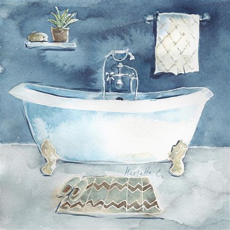 Choose art and hues of blue or images of reclining figures to create a relaxed atmosphere. Watercolor Bathroom I Painting by Marietta Cohen Art And ...