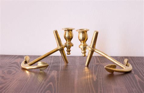 A Pair Of Vintage Brass Anchor Candlesticks Nautical Candle Holders