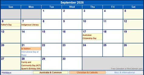 September 2026 Australia Calendar With Holidays For Printing Image Format
