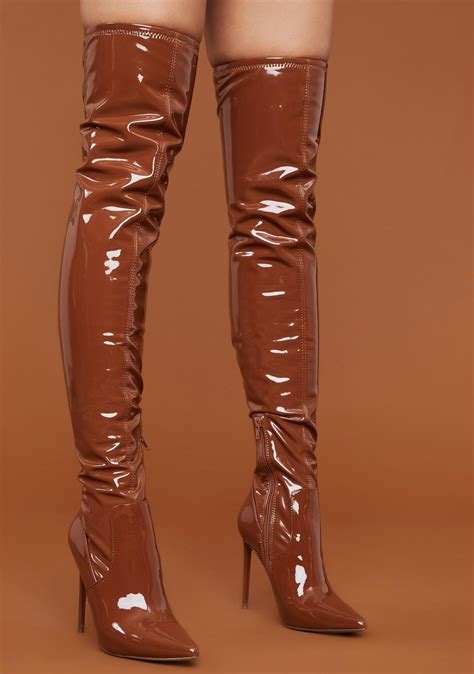 Brown Patent Viktory Knee High Boots In 2021 Knee High Boots High Boots Over The Knee Boots