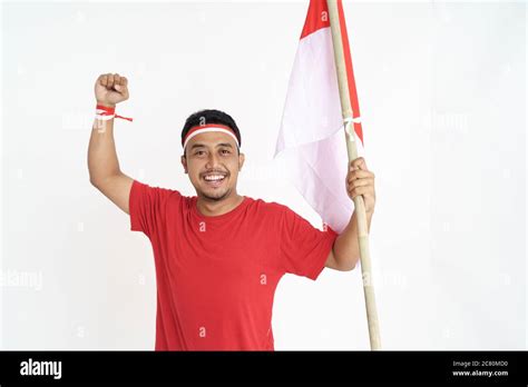 Excited Male Holding Indonesian Flag Patriotic Nationalism Concept Of