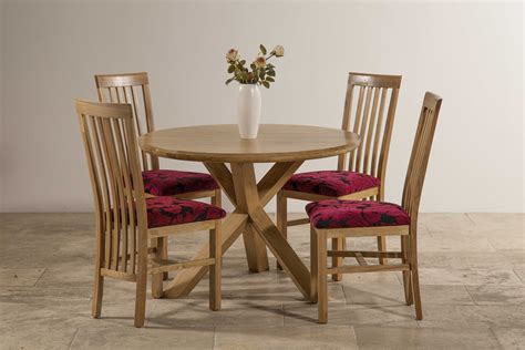 Natural Solid Oak Round Table With Crossed Legs 4 Slat Back Natural
