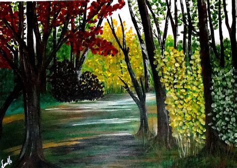 Das malen mit acryl kann probleme bereiten, muss es aber nicht. bunter Waldweg - Wald, Blau, Acrylmalerei, Grün von Karin Haase bei KunstNet