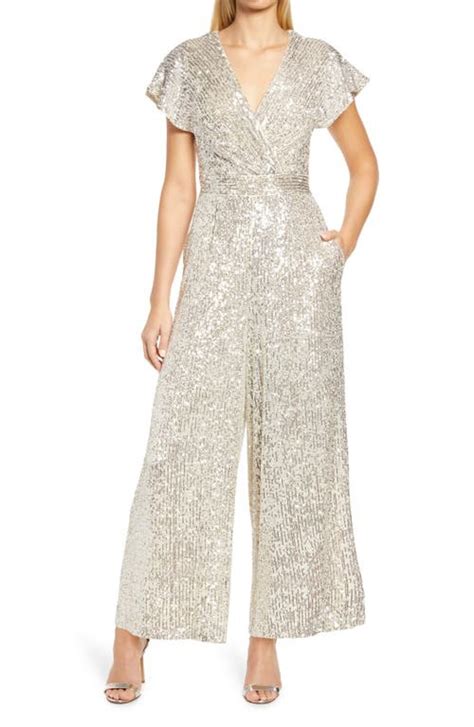 Eliza J Sequin Flutter Sleeve Jumpsuit Silver Editorialist