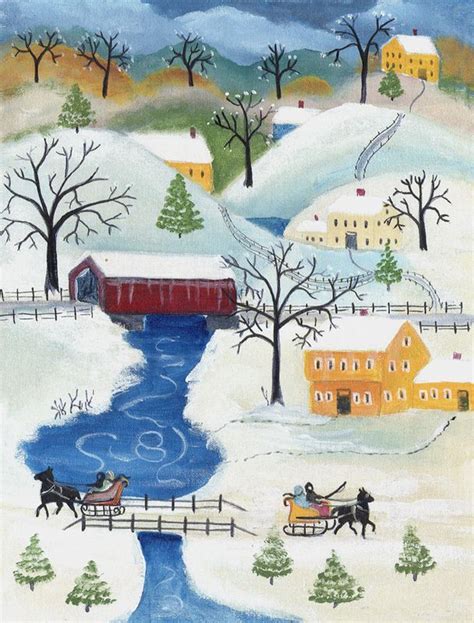Winter Wonderland Sleigh Ride Folk Art Print Folk Art Painting
