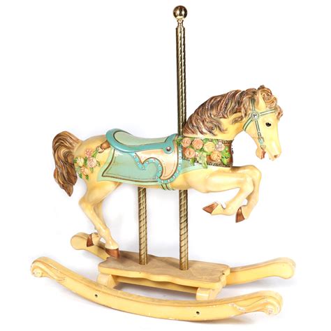Lot Large Painted Wooden Carousel Rocking Horse With Rope Twist Brass