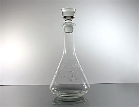 Etched Tall Floral Decanter Original Stopper 12 Inch Clear Glass Barware
