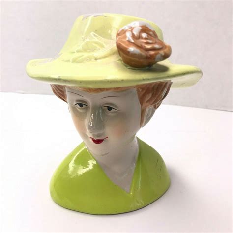 Lady Bust Head Wearing Green Hat Blond Hair Ceramic Figurine In 2021